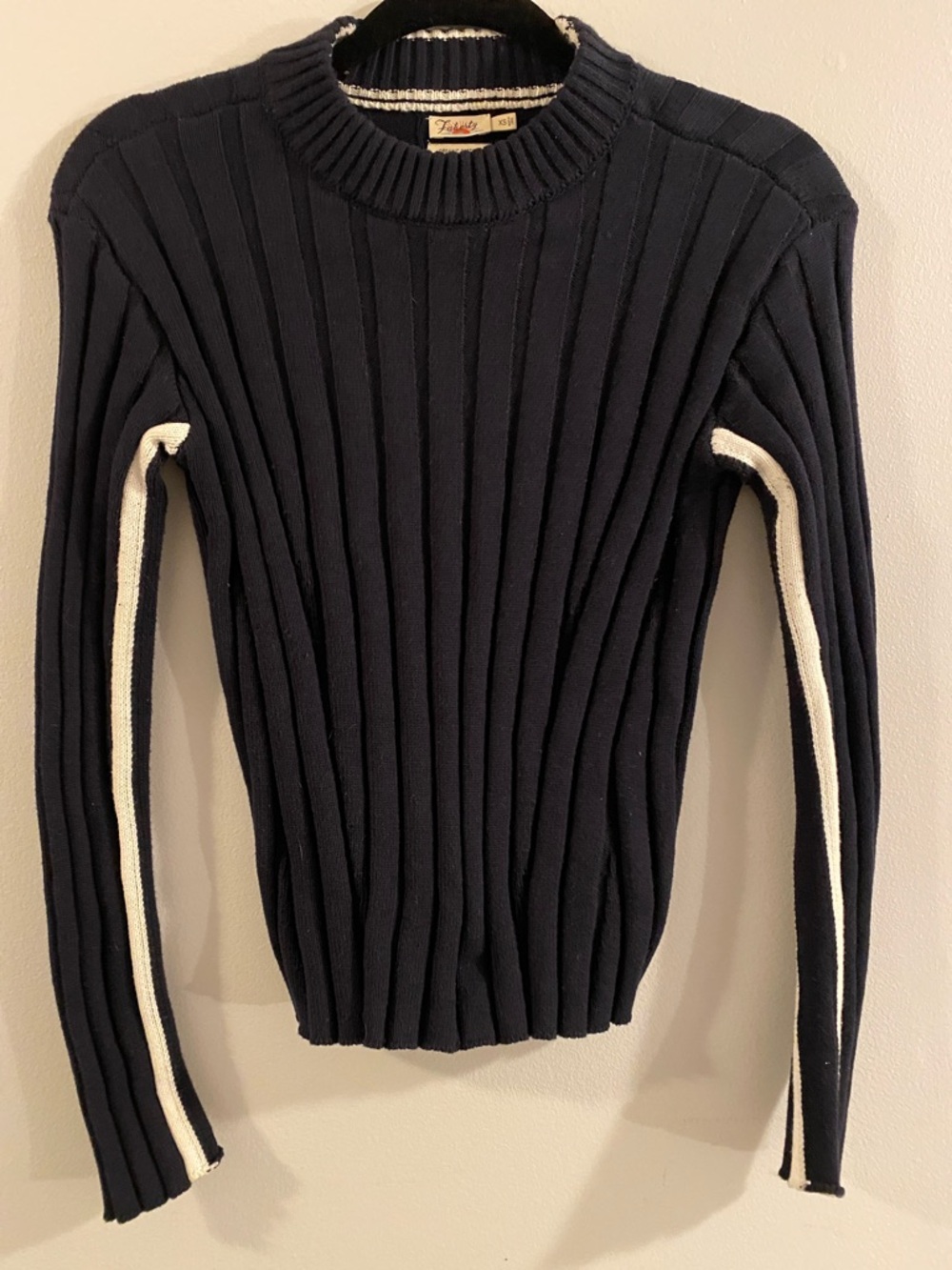Faherty Navy Ribbed Crewneck Sweater with White Sleeve Stripes